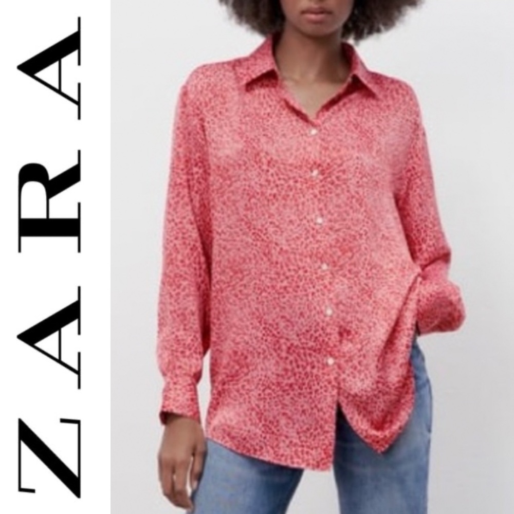 Zara pink/red leopard print button front long sleeve blouse- XS